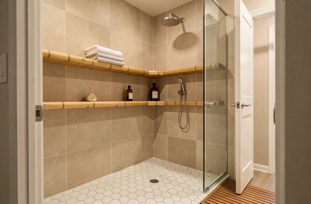 Vue large d'une salle de bain compacte avec étagère d'angle en bambou dans une douche optimisée