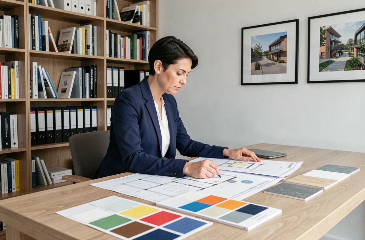 Yanna Music Williams architecture d'intérieur à Anglet révisant des plans architecturaux dans son bureau contemporain